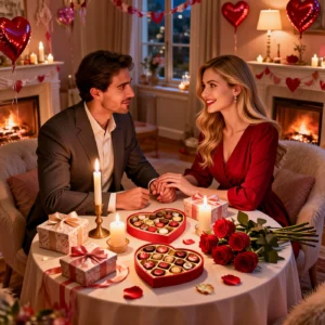 Valentine’s Day gifts for boyfriend arranged with roses and chocolates